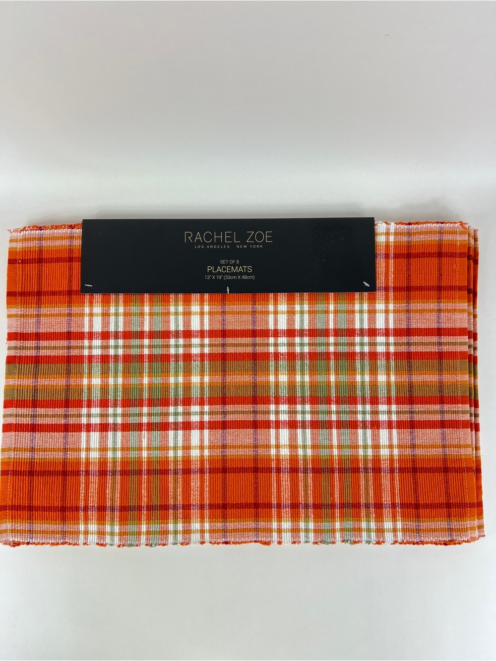 Rachel Zoe FALL Plaid Placemat Set Orange Red White Green Cotton Set of 8 NEW